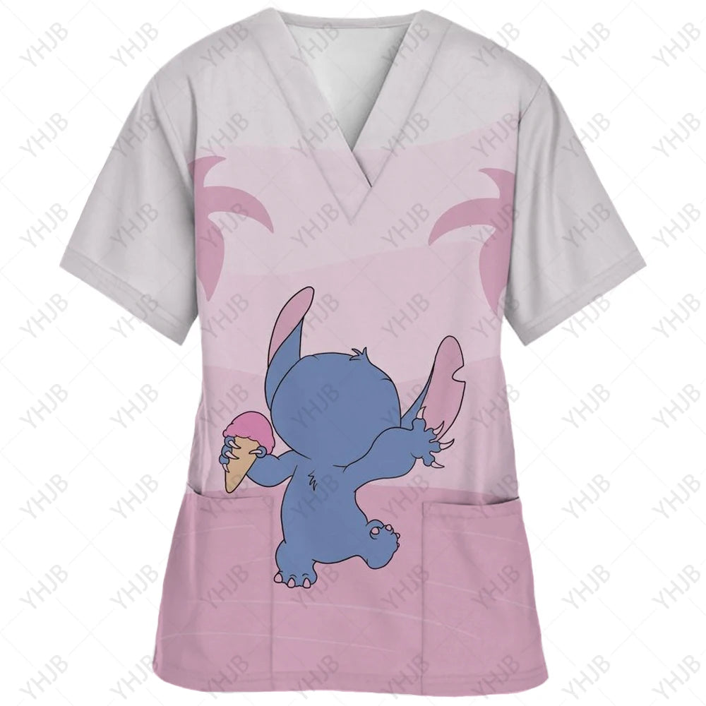 Top Women 2024 Minnie Mouse Tops Disney T Shirt Pocket T-shirts Hospital T-shirt Summer Nurse Uniform Woman Clothes Mickey Tees