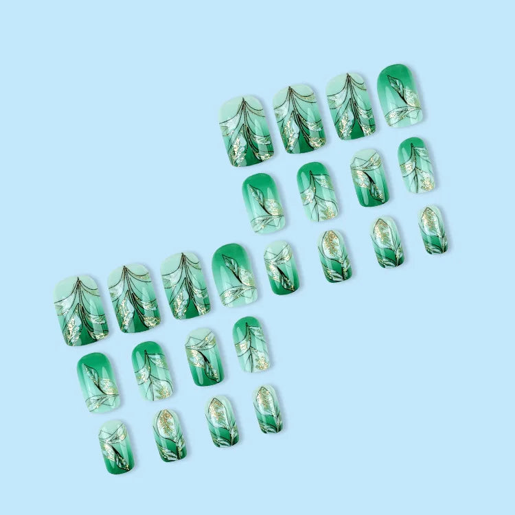 24pcs Short Square Press on Nails Jade Flower Sparkling Powder Designs Fake Nails with Glue Green Gradient Full Cover Nail Tips