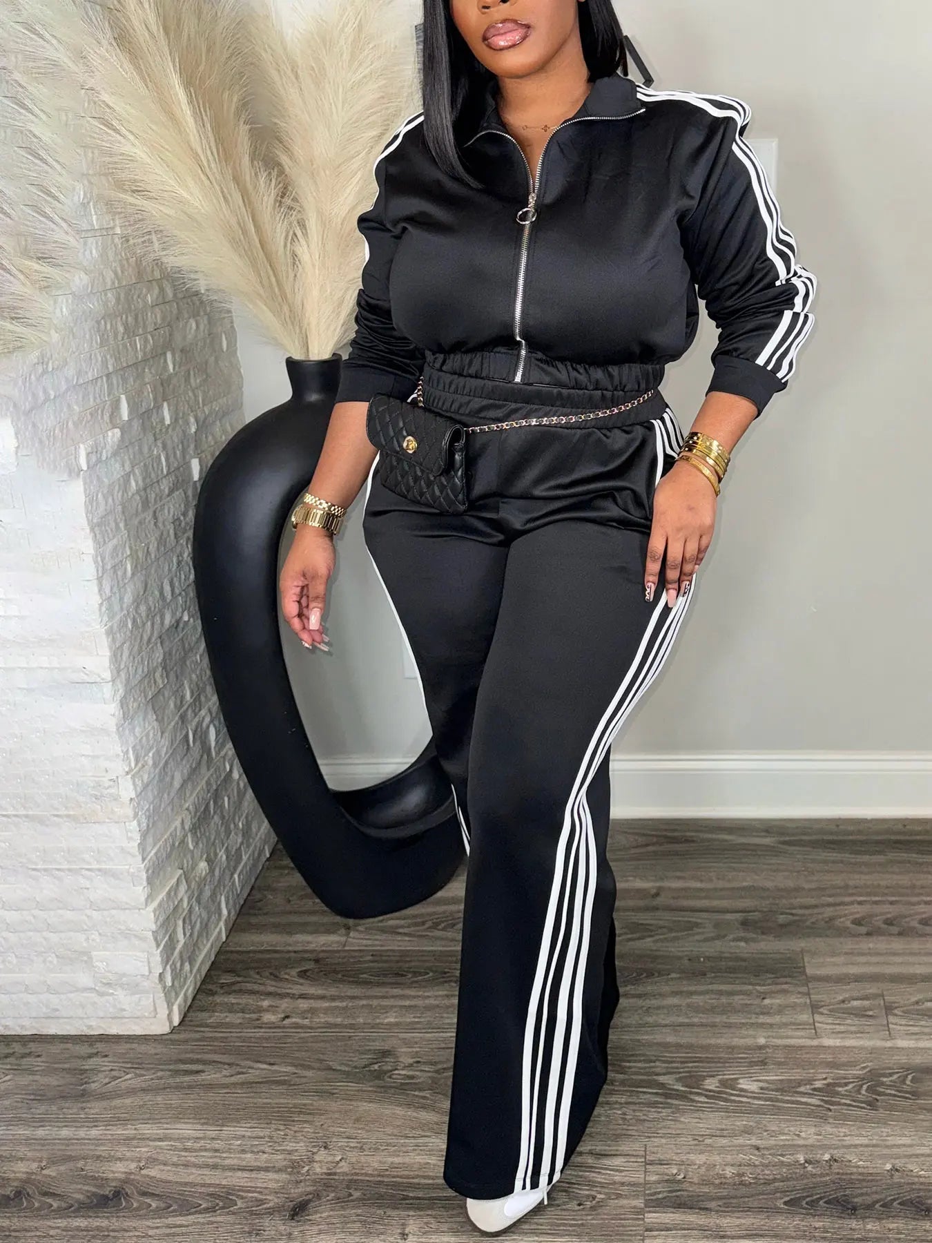 Women’s 2 Piece Tracksuit Set Zip-Up Top + High Waist Pants Side Stripe Casual Outfit Viralgem Store