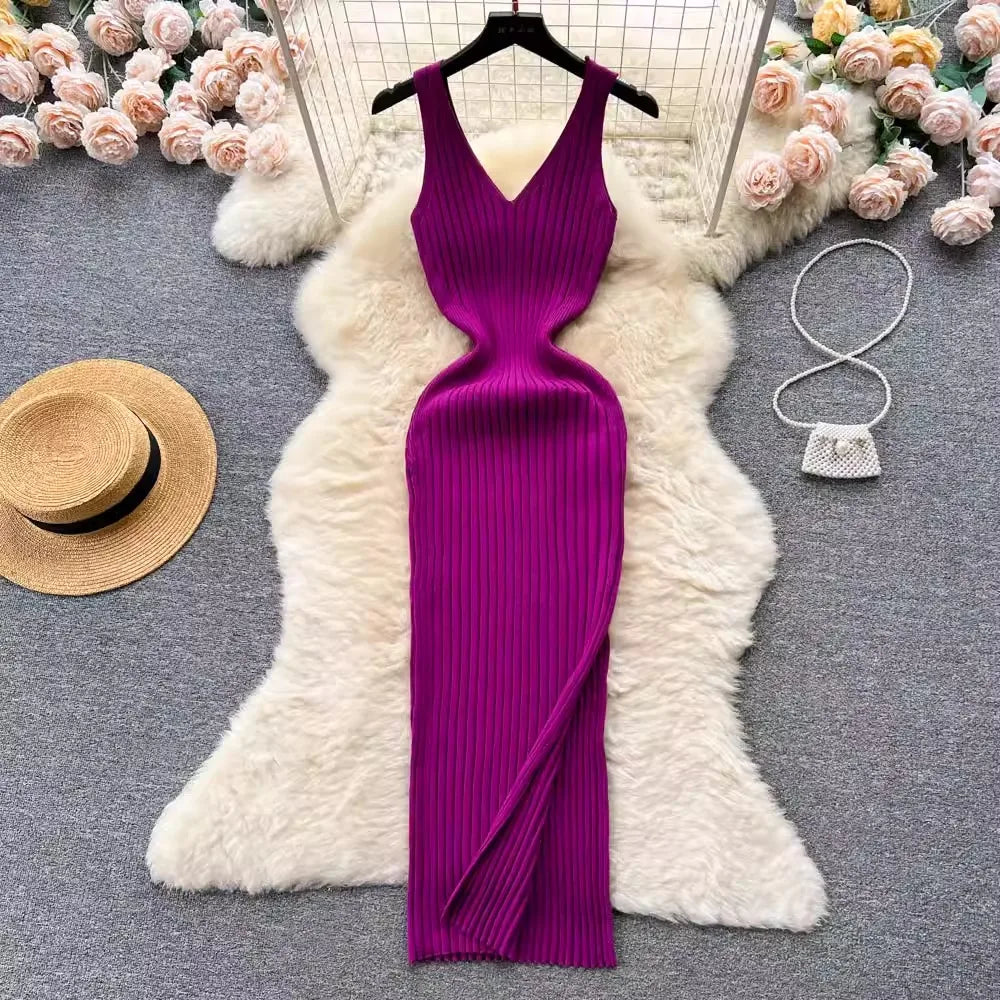 Women V Neck Solid Ribben Knitted Dresses Casual All Match Slimple Sexy Package Hips Bodycon Dress Elegant Vestidos Streetwear Viralgem Store