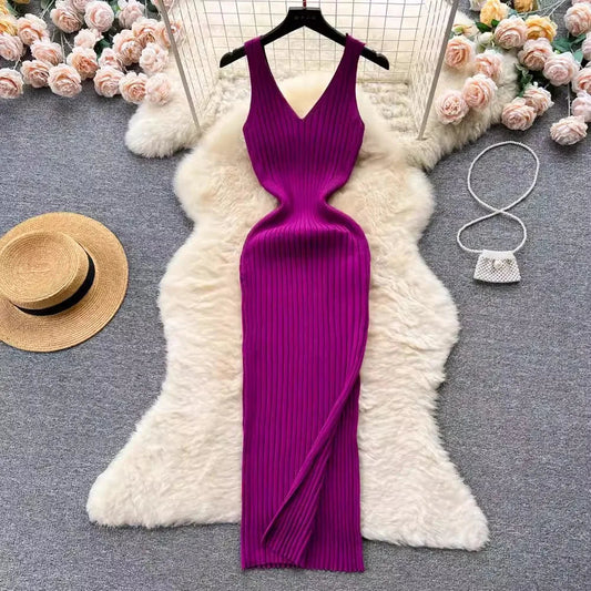 Women V Neck Solid Ribben Knitted Dresses Casual All Match Slimple Sexy Package Hips Bodycon Dress Elegant Vestidos Streetwear Viralgem Store
