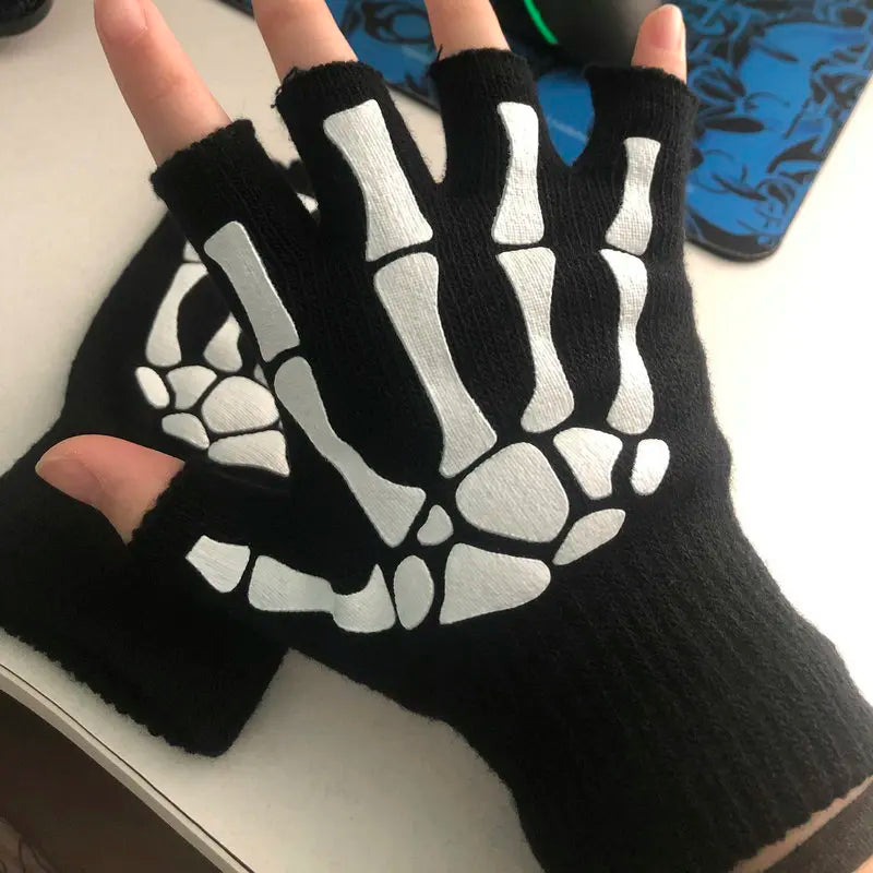 Unisex Halloween Skull Gloves Punk Luminous Glow in The Dark Skeleton Half Finger Glove Cosplay Non-slip Wrist Stretch Mittens Viralgem Store
