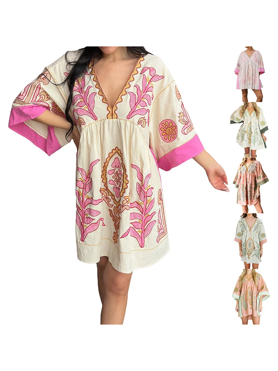 Women's Floral Print Dress Summer Half Sleeves V-Neck Loose Fit Short Dress Relaxed Fit Comfort Beach Dress