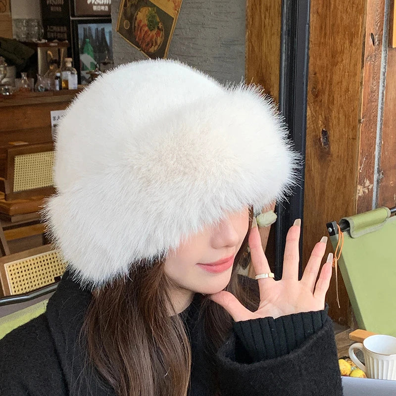 Winter Plush Fisherman Hat For Women Thick Fluffy Fur Ear Protection Cap Windproof Warm Headgear Fashion Female Panama Basin Cap