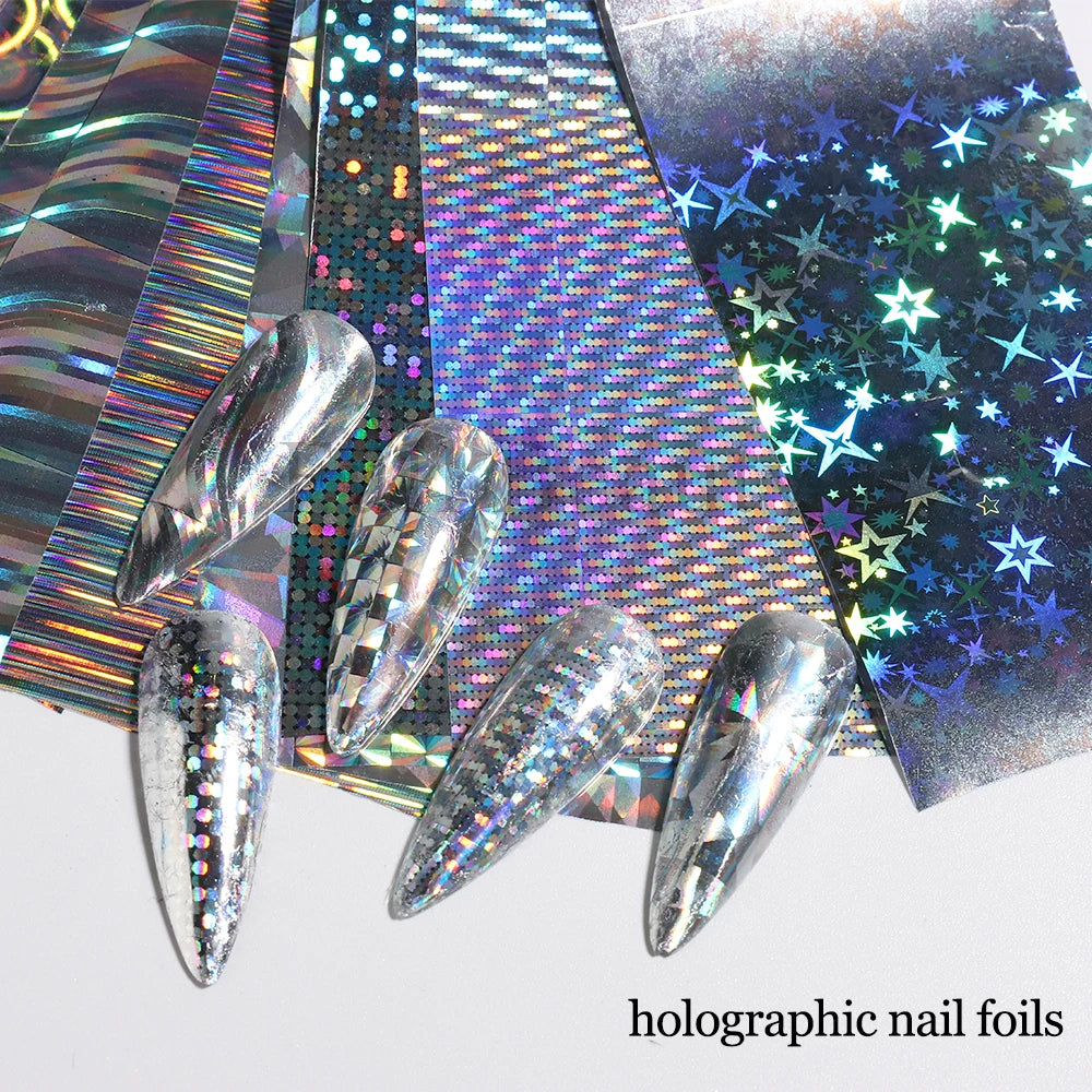 10Pcs Hologram Transfer Foil Nails Laser Stars Holographic Nail Stickers Mermaid Tail Sliders Metallic Gel Polish Wraps NLXKY01