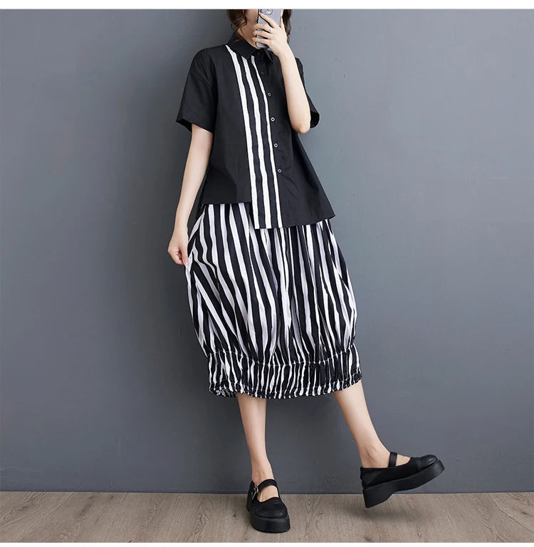 Summer Striped Print 2 Two Piece Set Women Irregular Patchwork Fashion Ladies Cropped Shirts Loose Casual Pleated Woman Skirts Viralgem Store