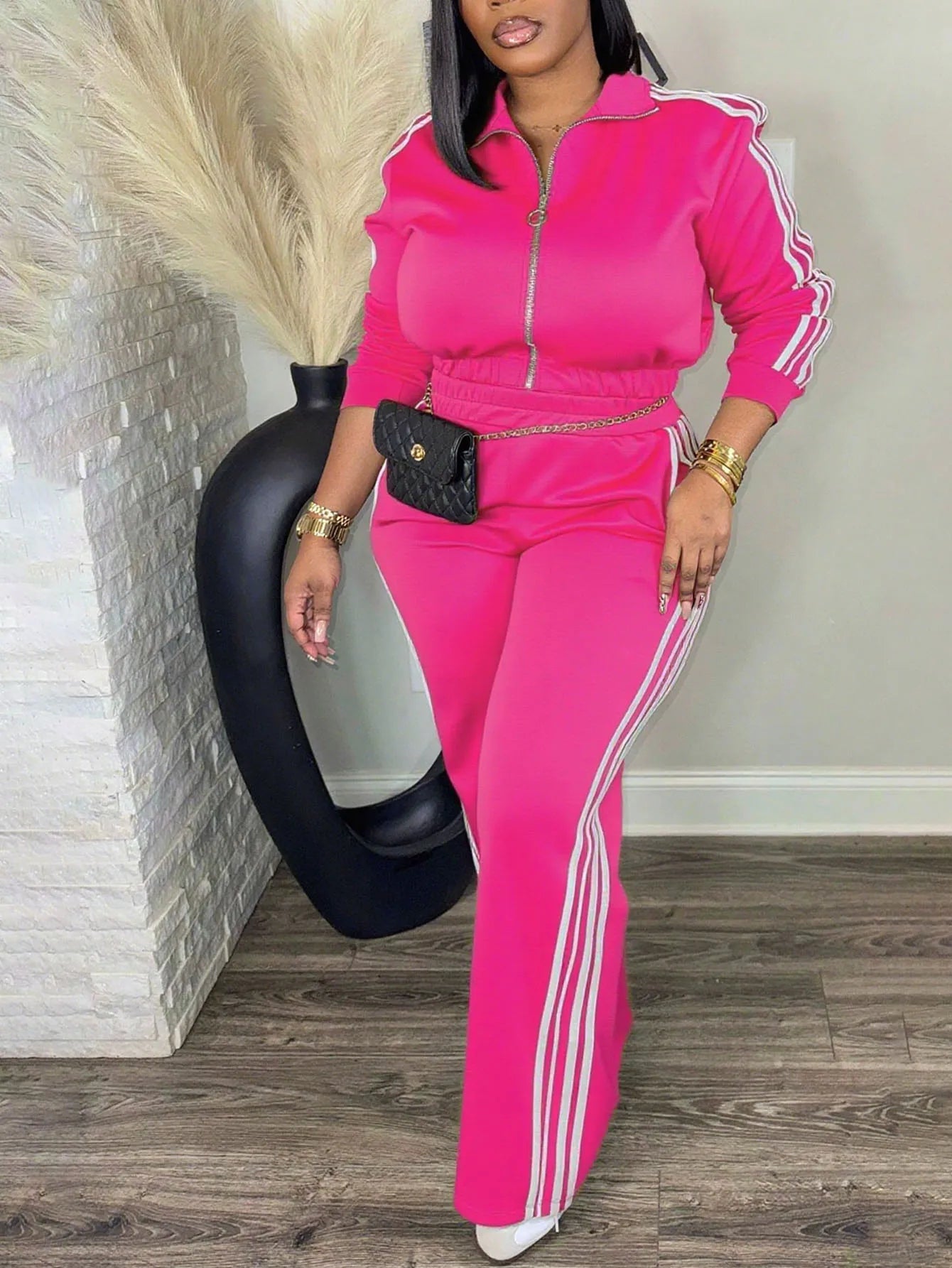 Women’s 2 Piece Tracksuit Set Zip-Up Top + High Waist Pants Side Stripe Casual Outfit Viralgem Store