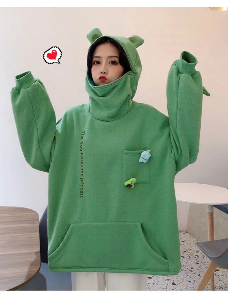 Unisex Frog Zipper Hoodie Fleece Lined Springtime Embroidery oversized Sweatshirt Harajuku Warm Pullover Korean Style Dropship