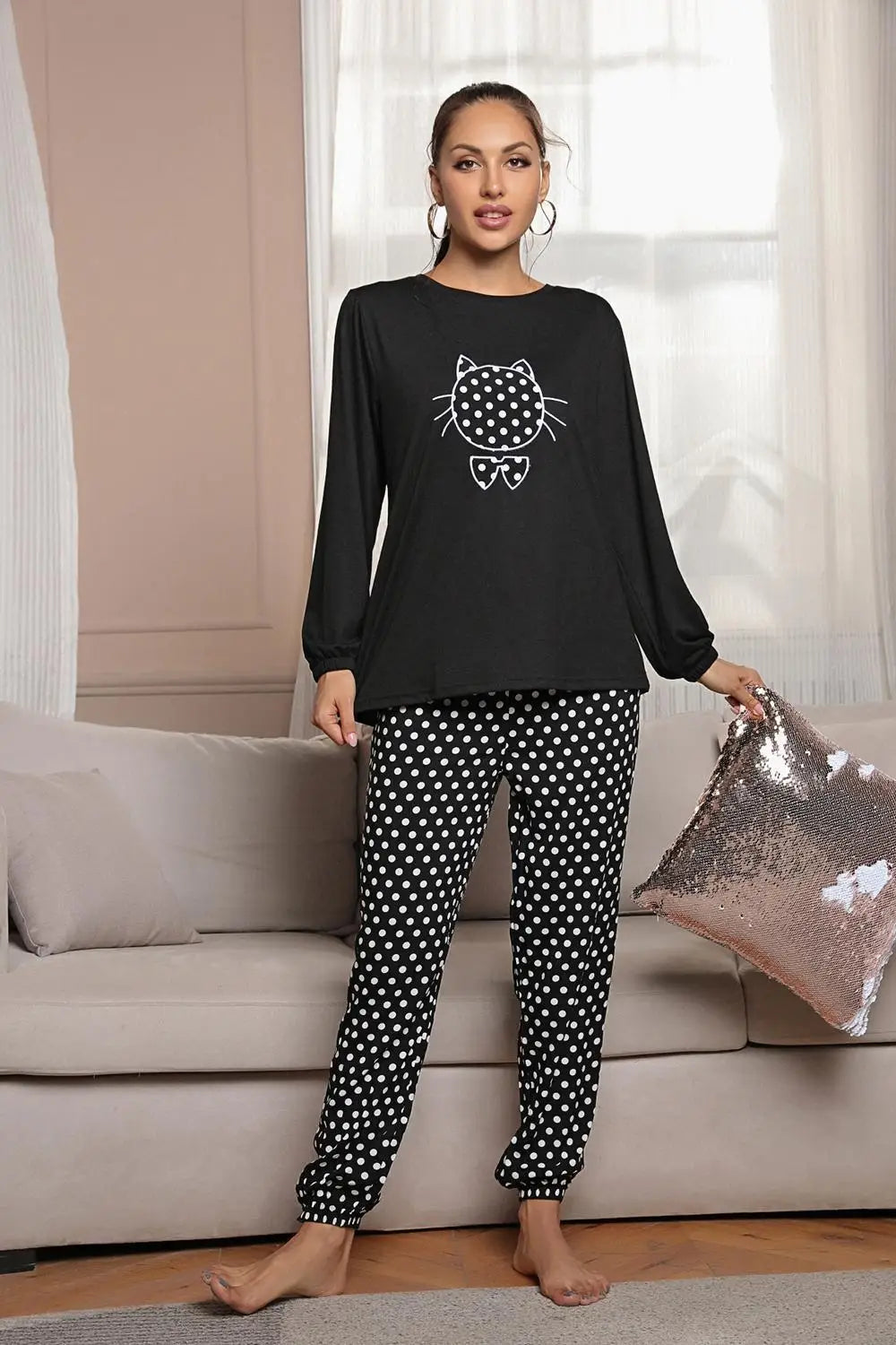 Women's Pajama Set Cute Cat Print Long Sleeves Top and Pants Sleepwear Dot Trousers 2 Pices Winter Female Like Homewear Suit Viralgem Store