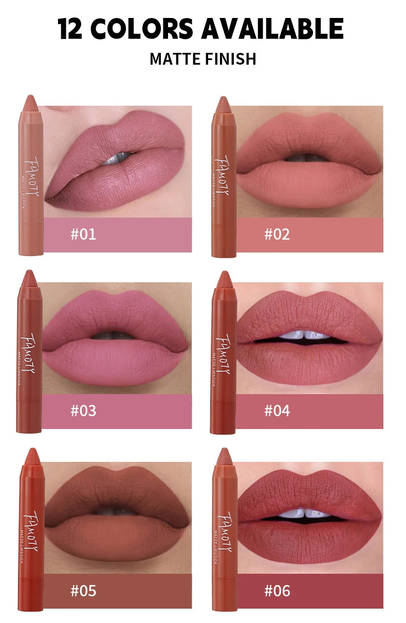 12 Colors Matte Lipstick Pen Waterproof Velvet Nude Lipstick Pencil Sexy Red Brown Pigments Lips Makeup Long Lasting Lip Tint