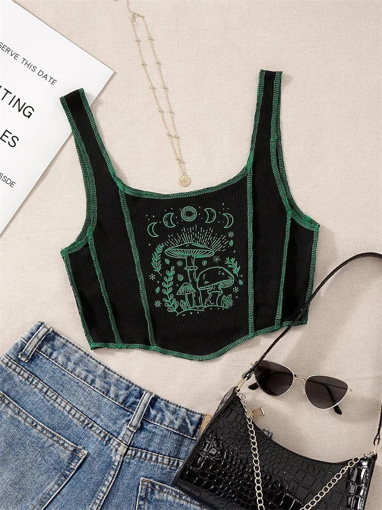2000s Y2K Clothes High Street Plant Print Graphic Tank Top for Women Summer Grunge Sleeveless Square Neck Crop Top Streetwear Viralgem Store