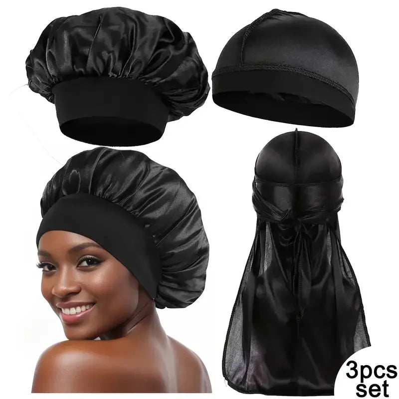 3PCS High Quality Satin Silky Bonnet Unisex Head Wrap Elastic Band Cap Durags Bandanas Long Tail Sleep Shower Cap Turban Hat