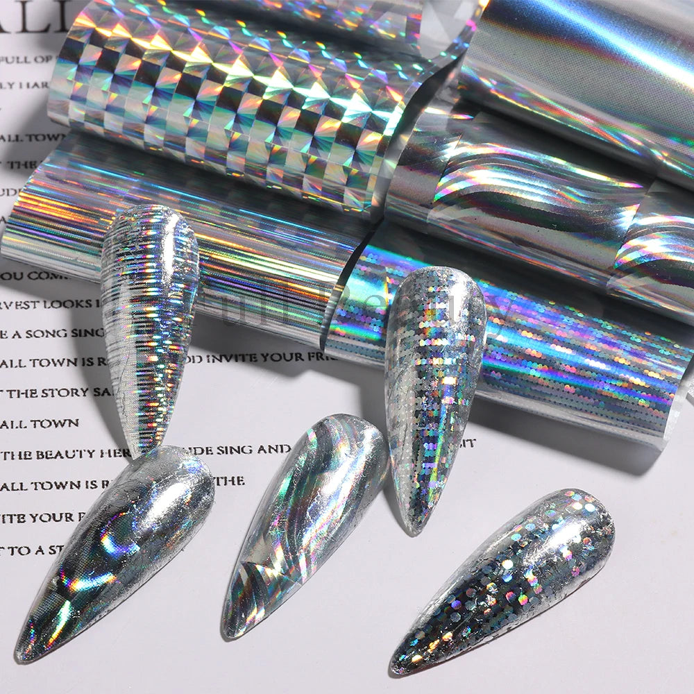 10Pcs Hologram Transfer Foil Nails Laser Stars Holographic Nail Stickers Mermaid Tail Sliders Metallic Gel Polish Wraps NLXKY01