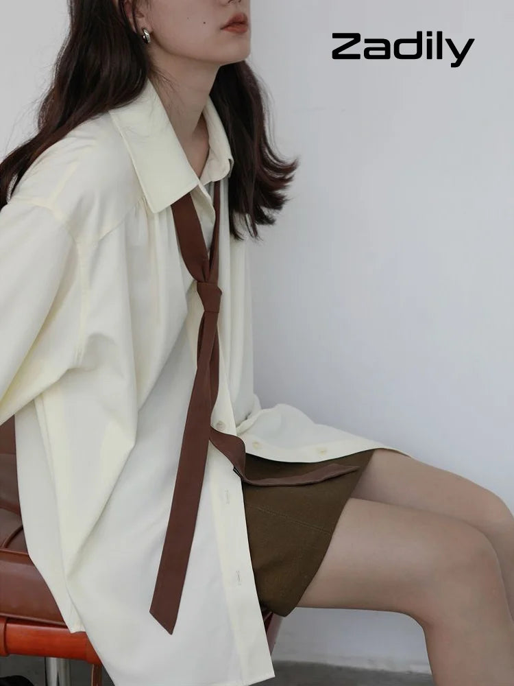 2025 Summer Minimalist Long Sleeve Button Up Shirt Women Korean Style Solid Tie Oversize Shirts Blouse Loose Clothes Autumn Tops