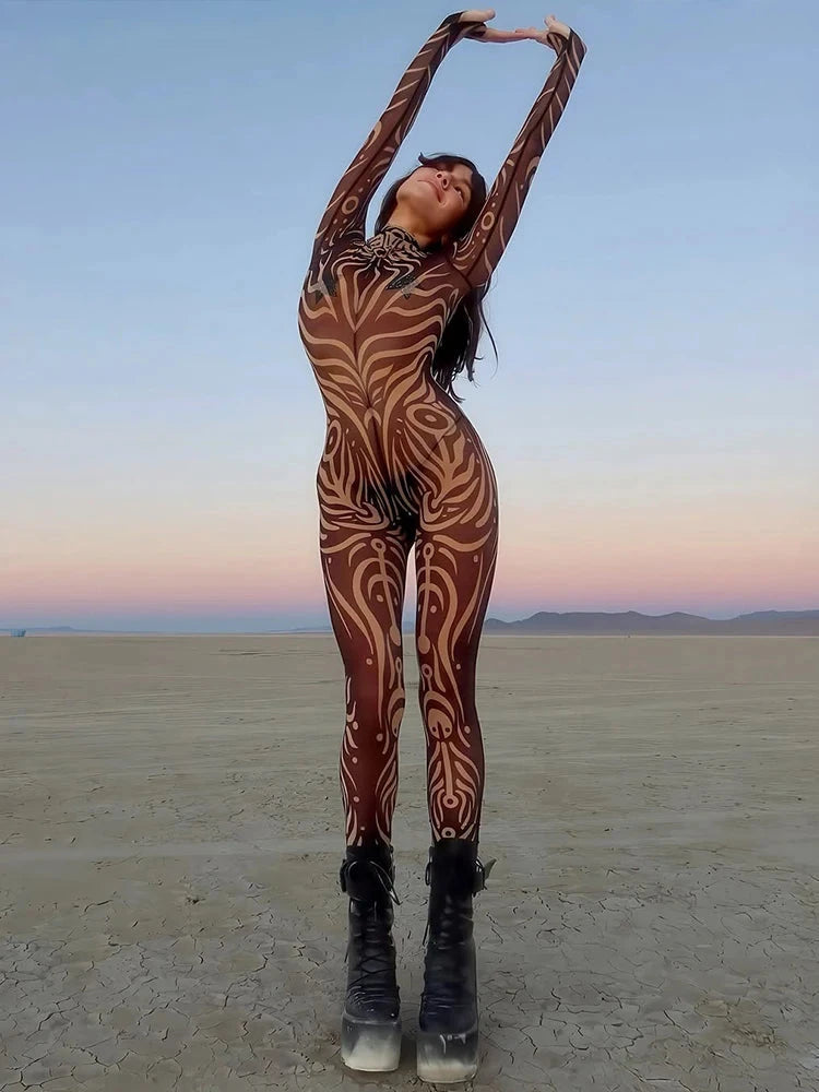 Sisterlinda Sexy Fashion Print Jumpsuits Woman Turtleneck Full Sleeve See Through Skinny Peach Hip Street Wild Style Overalls Viralgem Store