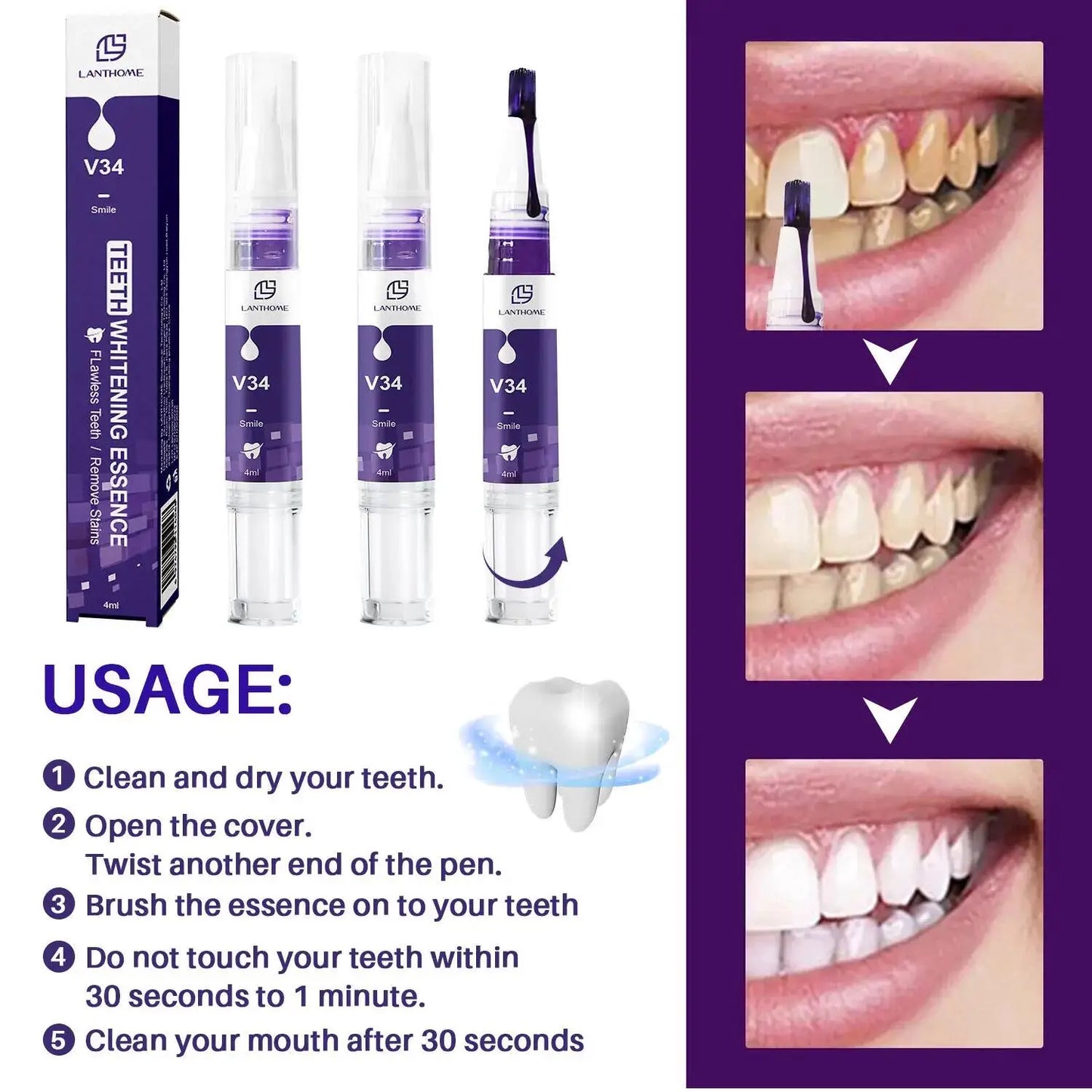 V34 Purple Teeth Whitening Toothpaste Remove Plaque Stains Cleaning Oral Hygiene Dental Bleach Tools Fresh Breath Beauty Health