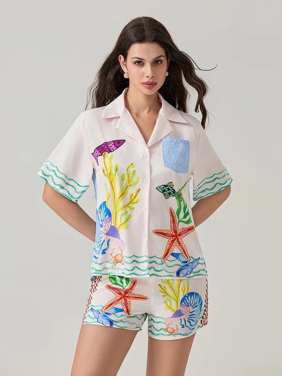 Women 2 Piece Shorts Outfits Ocean Print Button Short Sleeve Lapel T-Shirt and Elastic Shorts Club Streetwear Clothes Pjs Lounge