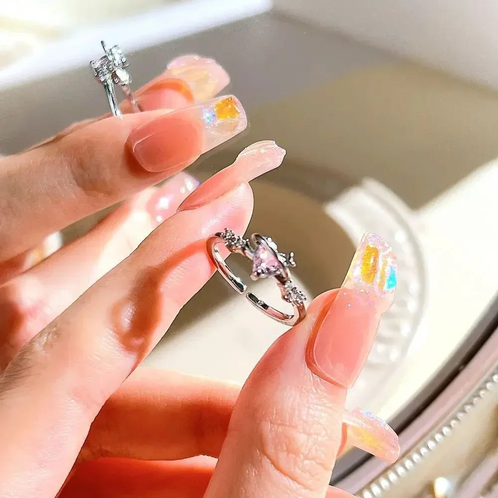 Adjustable Crystal Rings Y2K Pink Irregular Geometry Vintage Bowknot Heart Ring Set for Women Girl 2023 New Fashion Jewelry Gift Viralgem Store