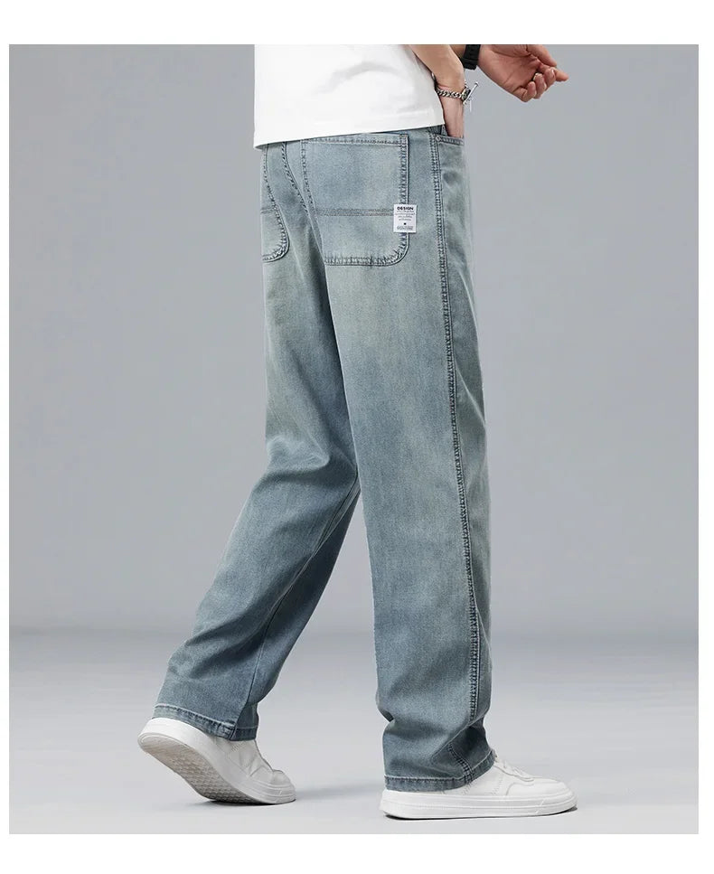 2025 New Summer Ultra-thin Lyocell Men's Jeans Drape Soft Fabric Loose Straight Casual Denim Pant Elastic Ice Silk Male Trousers