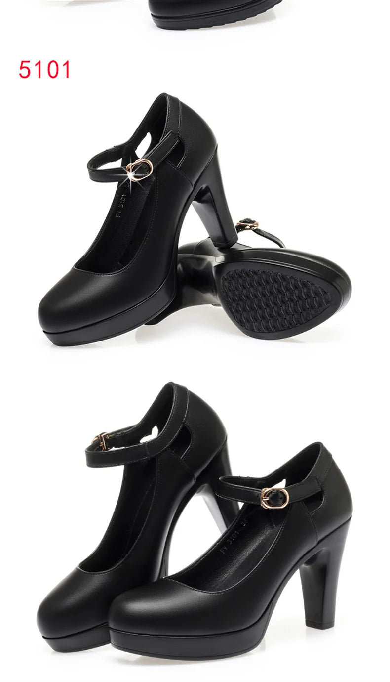 Spring Soft Leather Shoes Women Round Toe Platform Pumps Thick Heel Fashion Temperament Elegant Black Work Single Shoes Viralgem Store