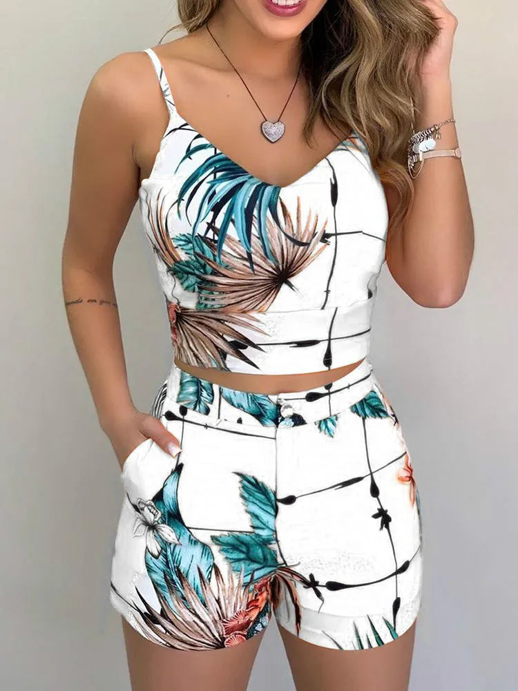 Women Fashion Summer Two Piece Set Sleeveless Floral Vest Shirts + Short Pants Elegant Women's Ensembles 2Pcs Set Streetwear Viralgem Store