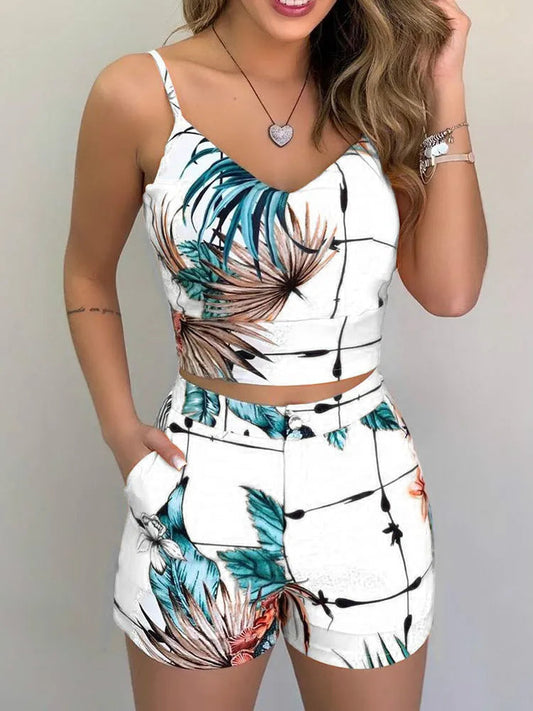 Women Fashion Summer Two Piece Set Sleeveless Floral Vest Shirts + Short Pants Elegant Women's Ensembles 2Pcs Set Streetwear Viralgem Store