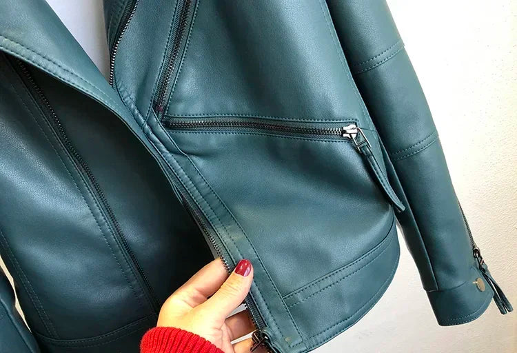 Spring Autumn Vintage Faux Leather Jacket Women Brown Moto Biker  Leather Coats Casual Street Wear Zipper PU Basic Outwear