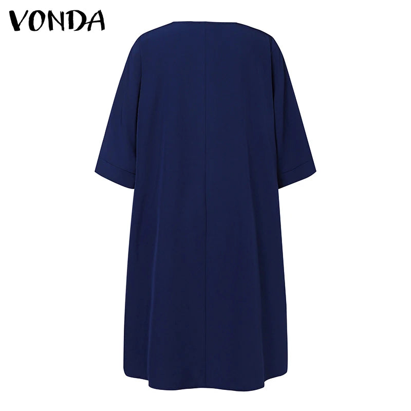 VONDA Oversized Summer Dress 2024 Women V Neck Bohemian Printed Beach Sundress Casual Midi Vestidos 3/4 Sleeve Loose Robe Femme