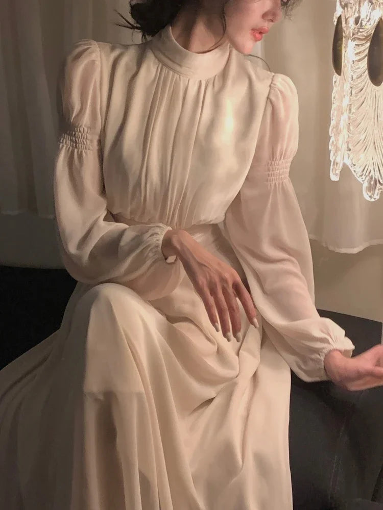 White Solid Vintage Party Midi Dress Women Puff Sleeve Slim Sweet Elegant Dress Ladies High-waisted French Style Chic Dress 2023 Viralgem Store