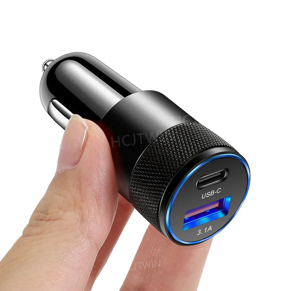 3.1A USB Car Charger Aluminum Alloy PD Fast Charging for Mobile Phone Tablet 15W Dual Port Car Charger Adapter Fast Car Charger