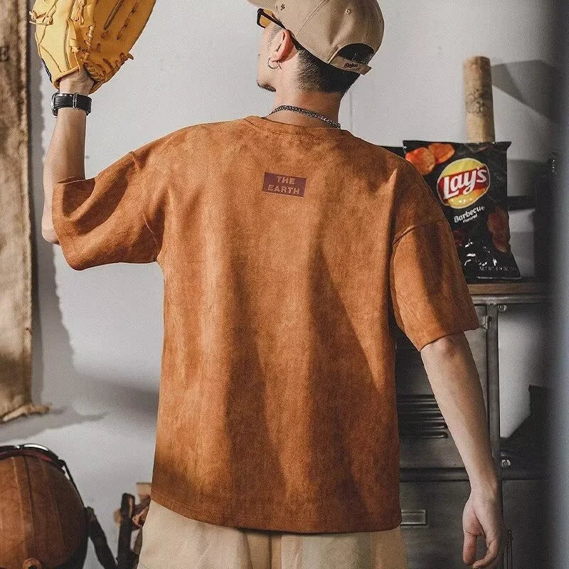 Summer Graphic Printed Suede Short Sleeve T-shirt For Men 2024 New Y2K Streetwear Oversized Tee Shirts Hip Hop O-Neck Tops