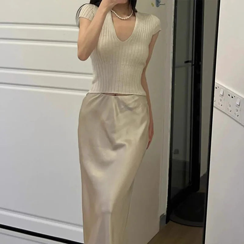 Women Sexy V-neck Knitted Short Sleeve T-shirt Summer Solid Vintage Slim Simple Commute Thin Top Pullovers Viralgem Store