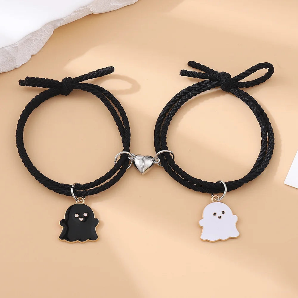 2Pcs Creative Heart Magnetic Matching Couple Bracelets for Women Men Cute Cartoon Ghost Pendant Bracelet BFF Friendship Jewelry