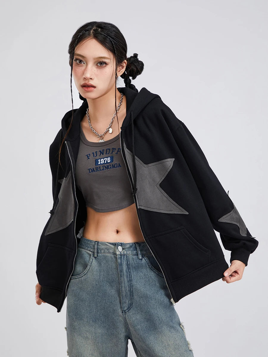 Women's Y2k Zip Up Hoodies Star Print Long Sleeve Graphic Hooded Jacket Aesthetic Oversized Coat Harajuku Streetwear