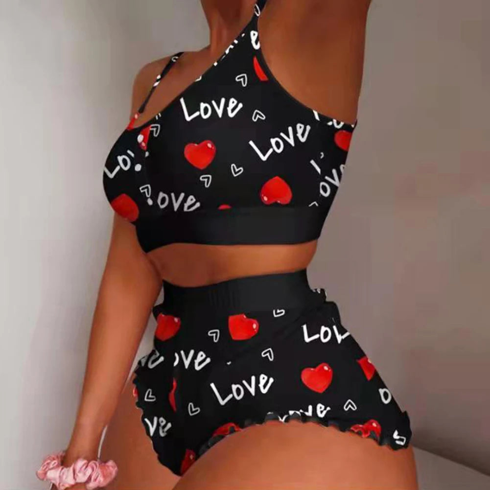 Women's Fashion Print Pajama Set Frill Hem Short + Sleeveless Crop Top Sleepwear Nightwear Lingerie Sweet Viralgem Store