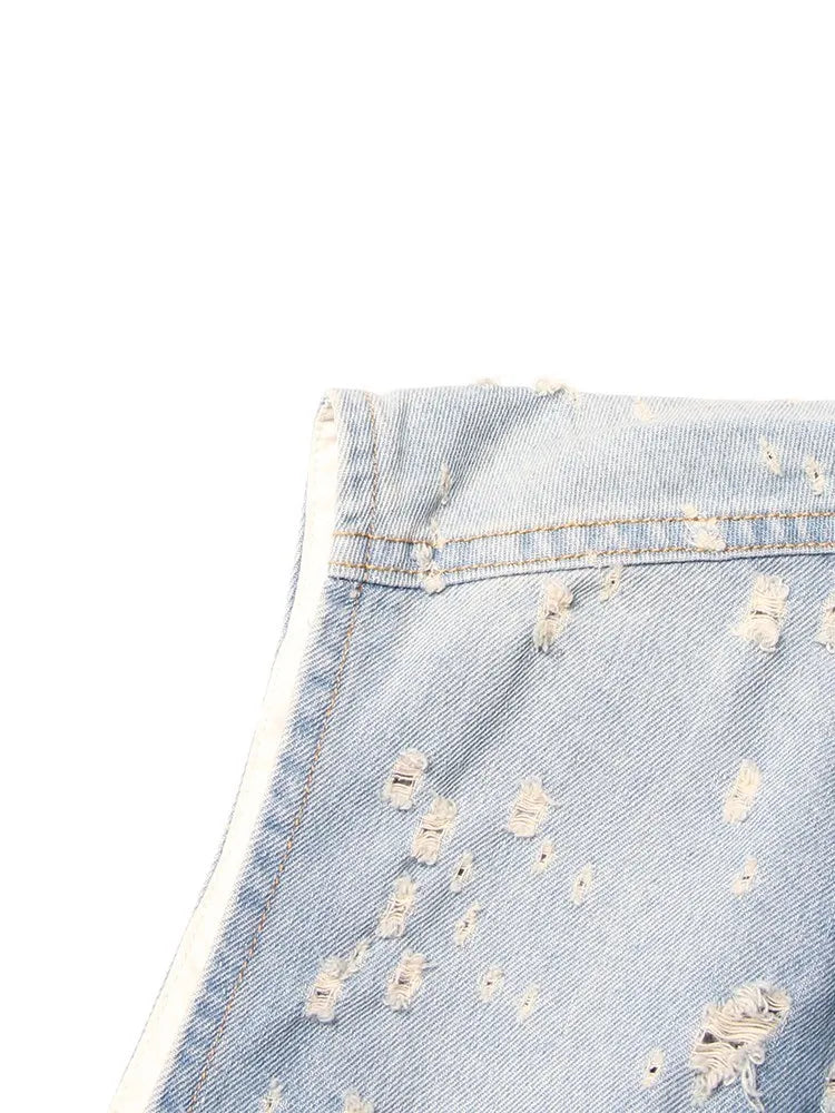 TWOTWINSTYLE Denim Hollow Out Dresses For Women Round Neck Sleeveless Tunic Patchwork Pockets Vintage Dress Female Fashion Style