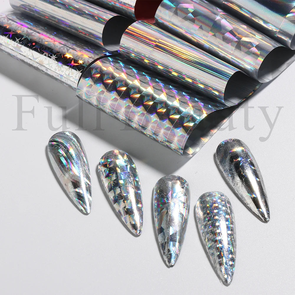 10Pcs Hologram Transfer Foil Nails Laser Stars Holographic Nail Stickers Mermaid Tail Sliders Metallic Gel Polish Wraps NLXKY01