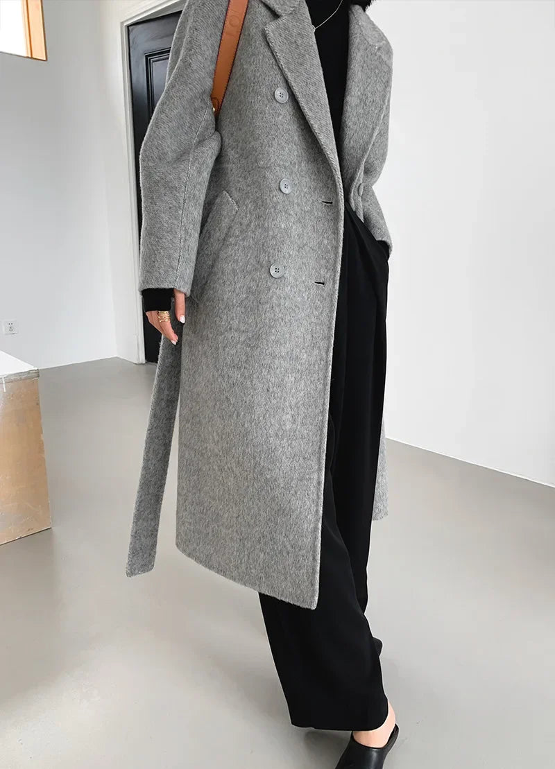 2024 Autumn Winter Wool Coat Women Double-breasted Solid Color Women's Double-sided Woolen Belt Coats Loose Warm Wool Jacket