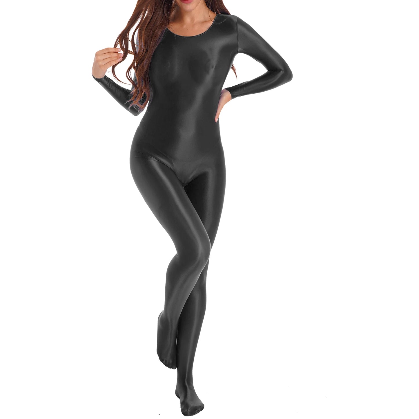 Womens Oil Glossy Bodysuit One Piece Swimwear Long Sleeve Teddies Stretchy Jumpsuit Bodystocking Rave Party Clubwear Swimwear