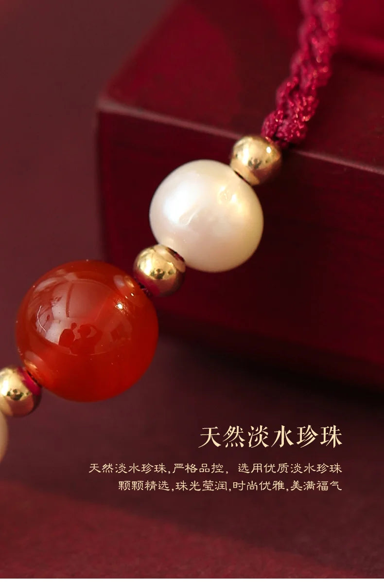 2024 Year of The Dragon Amulet Red Agate Red Rope Bracelet Get Rich Female Good Luck Pearl Beads Braided Rope HandRope Couple