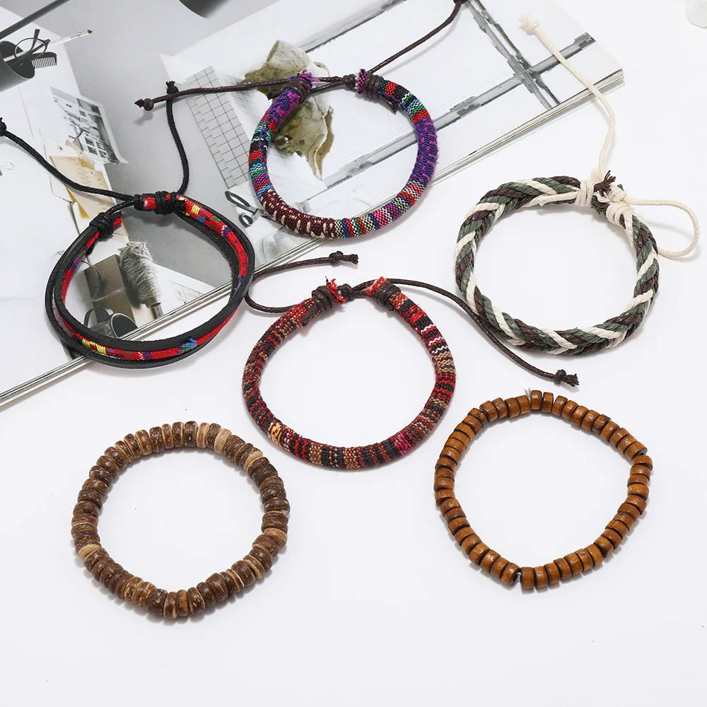 4Pcs/ Set Braided Wrap Leather Bracelets for Men Vintage Life Tree Rudder Charm Wood Beads Ethnic Tribal Wristband Rope Bracelet
