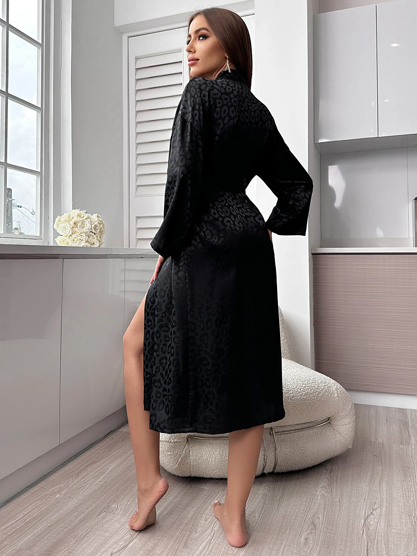 Women's Pajamas V-neck Satin Silk Black Jacquard Gown Robee Pajamas Women's Pajamas Loose Bathrobe Pajamas Viralgem Store
