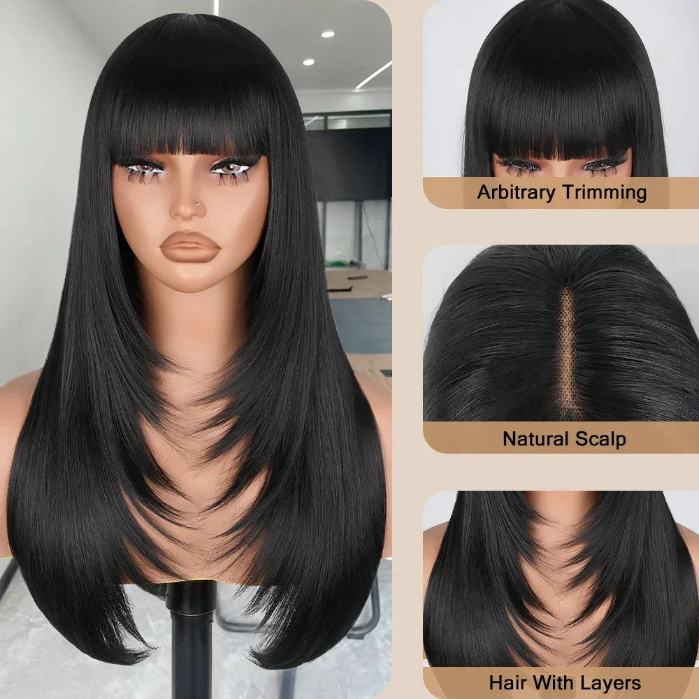 Straight Layered Cut Wigs with Bangs HD Lace Fake Scalp Synthetic Natural Layered Lace Wig For Women Glueless Heat Resistant Wig Viralgem Store
