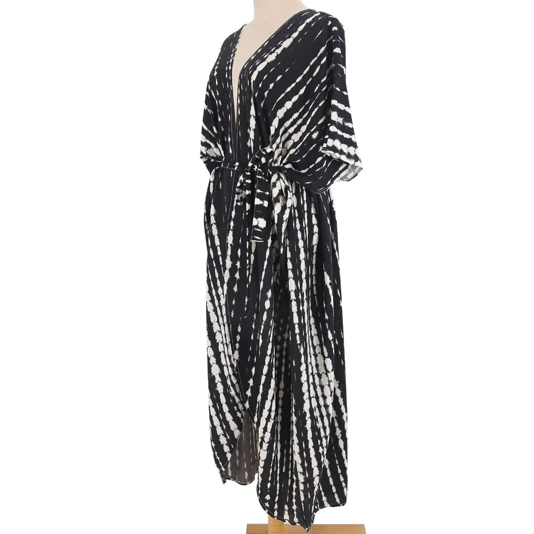 Women's Beach Cover Ups Open Front Tie Dye Maxi Cardigan Kimono Swimsuit with Belts Bathing Suit