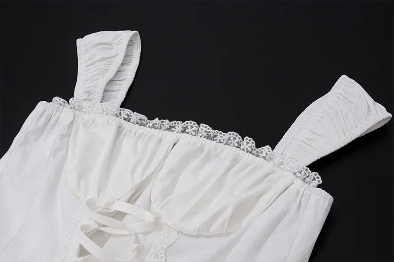 2 Piece Sets Lace Patchwork Beach Holiday Matching Set Outfits Sexy Summer Women Square Neck Crop Top and Long Skirt