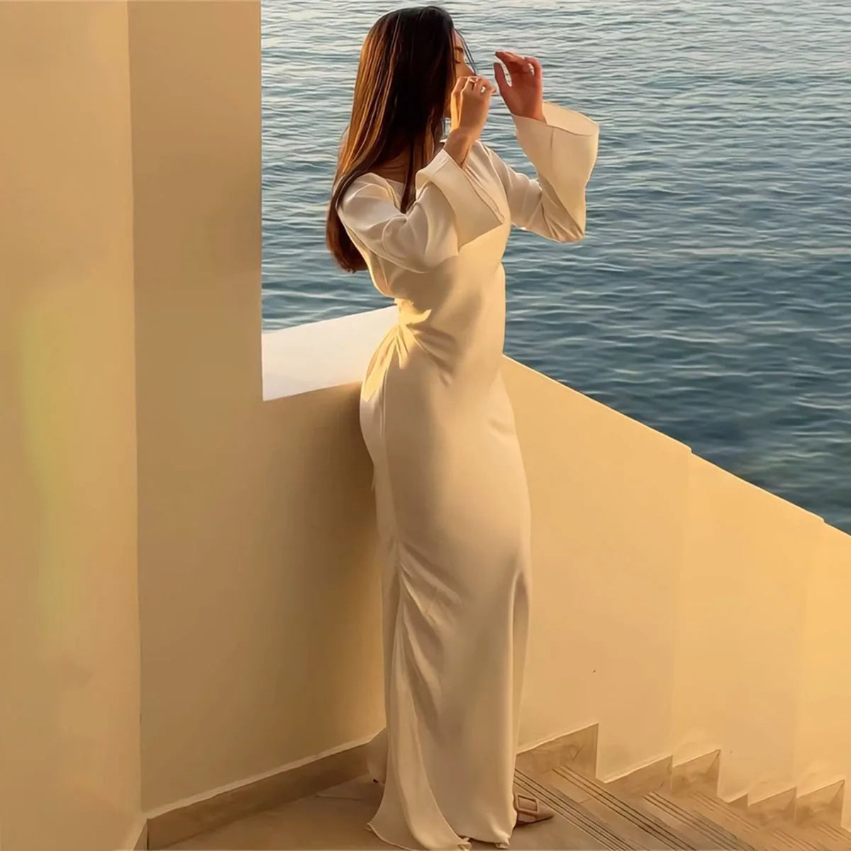 Women 2024 New Long Dresses Fashion Simple Elegant Round Neck Satin Flare Sleeve Lace Up Slim Evening Party Dresses Sexy Dress