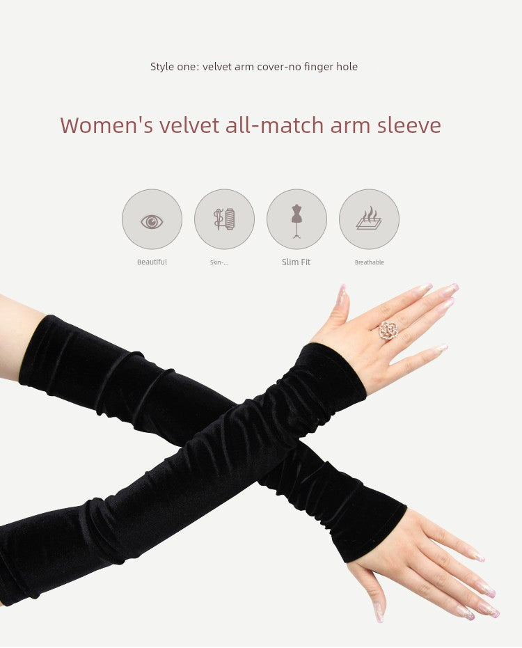Women's Velvet Open Finger Black Oversleeve Leather Gloves
