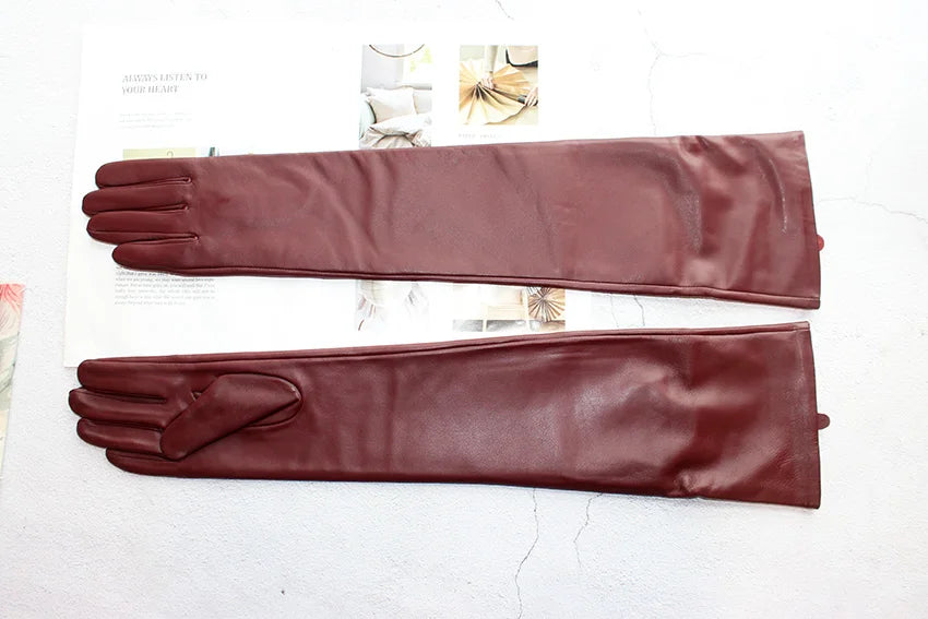 Touch Screen Extra Long Leather Sheepskin Gloves Women's Black Fashion Simple Straight Style Velvet Lining Winter Warm Sleeve