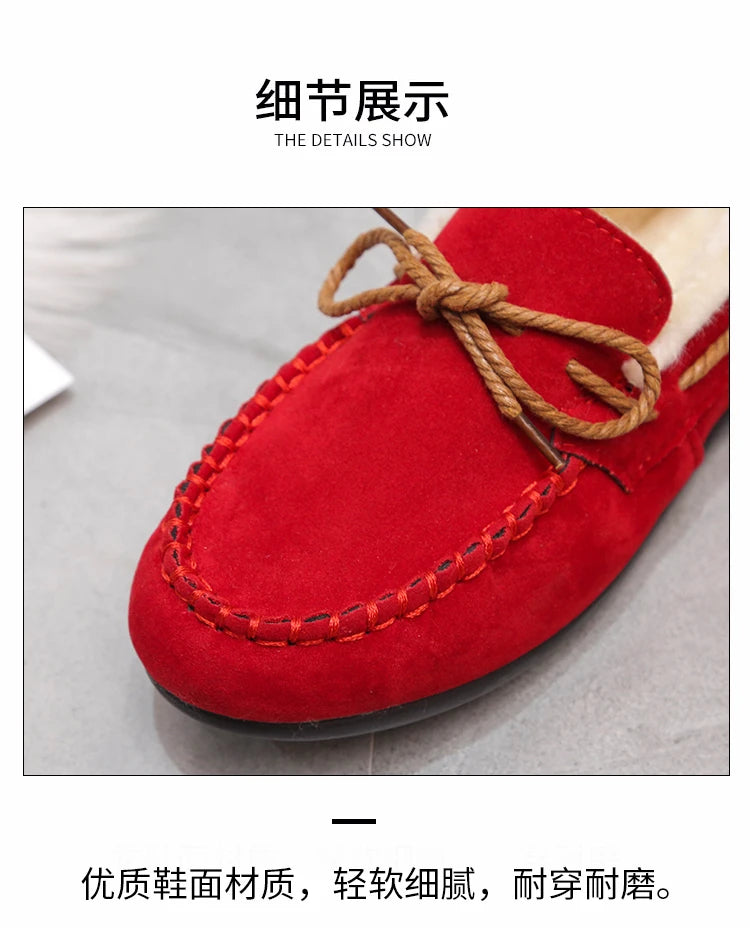 2023 autumn and winter new Doudou shoes women plus cashmere warm bow Korean version of casual shallow mouth flat lazy cotton sho