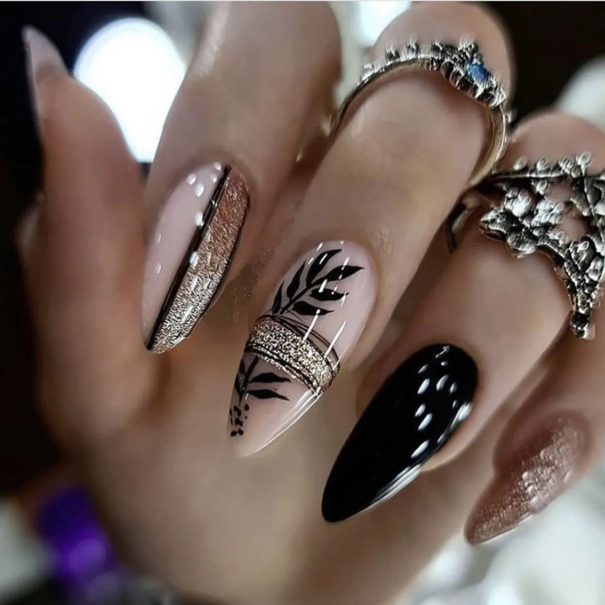 24Pcs Autumn Winter Matte Almond False Nails with Glue Rose Leaf Printing Nail Art Simple Full Cover Press on Acrylic Nails Tips Viralgem Store